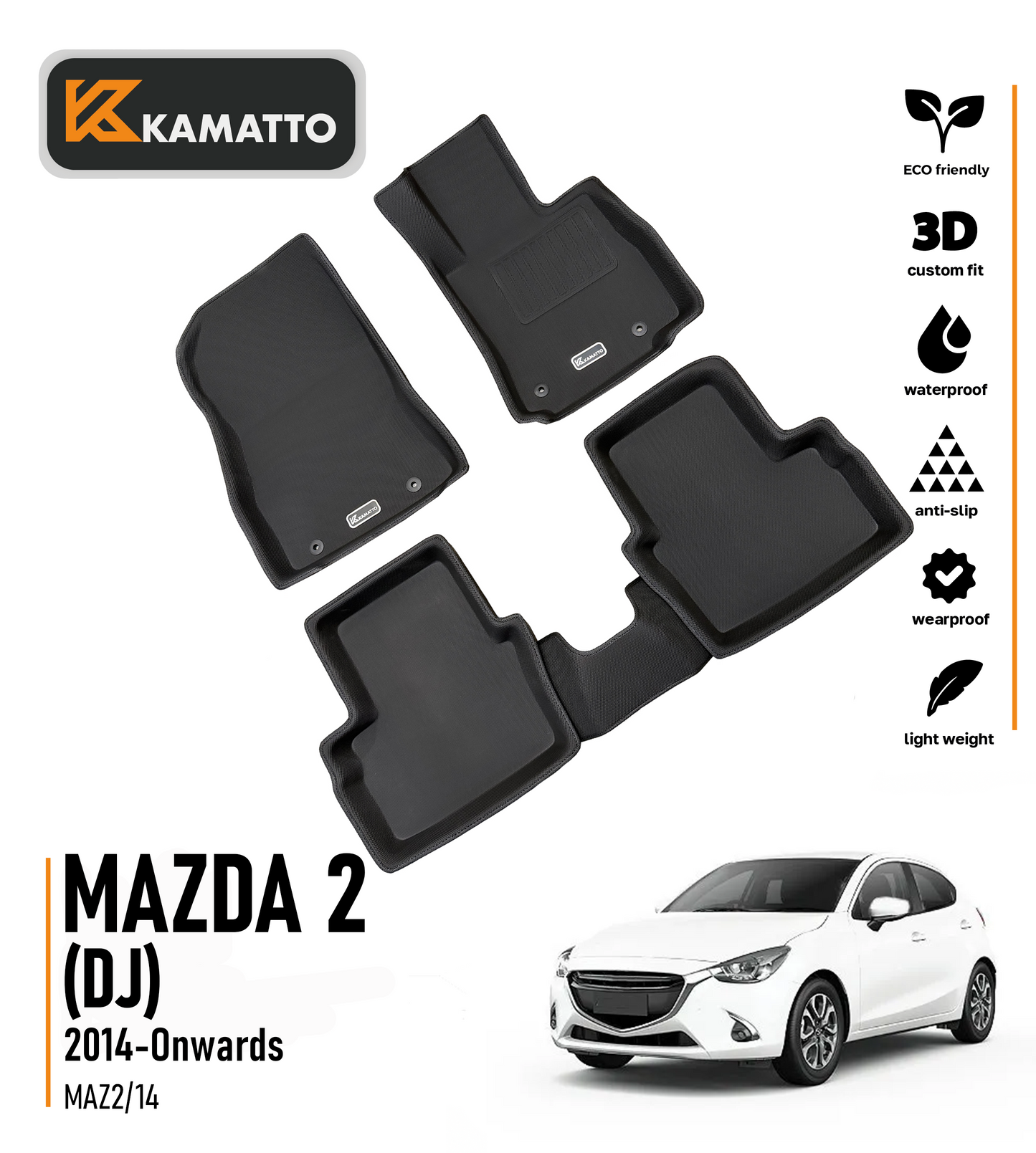 3D Kamatto PRO Car Floor Mats for Mazda 2 DJ 2014-2025
