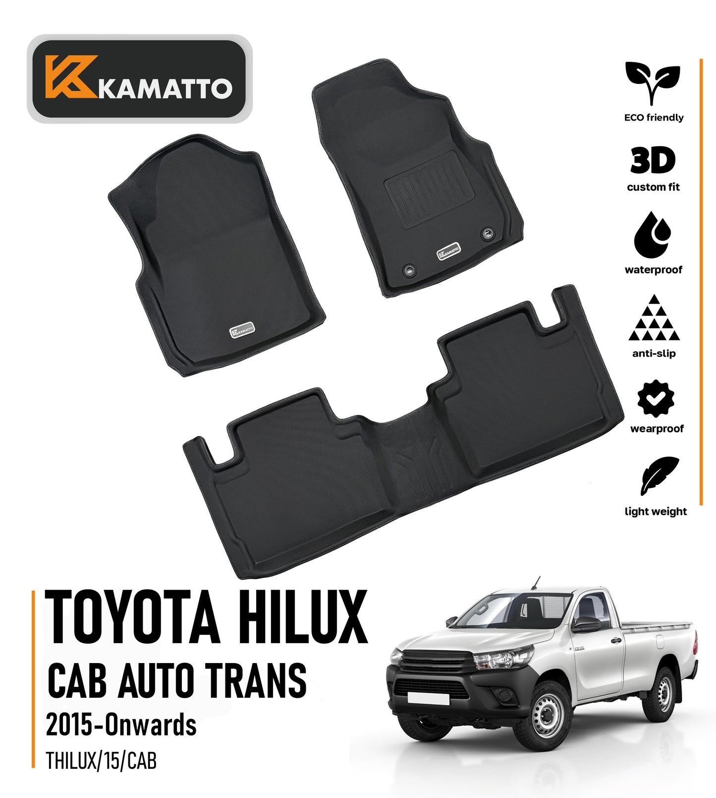 3D Kamatto PRO Car Floor Mats for Toyota Hilux Cab Auto Trans 2015-Onwards