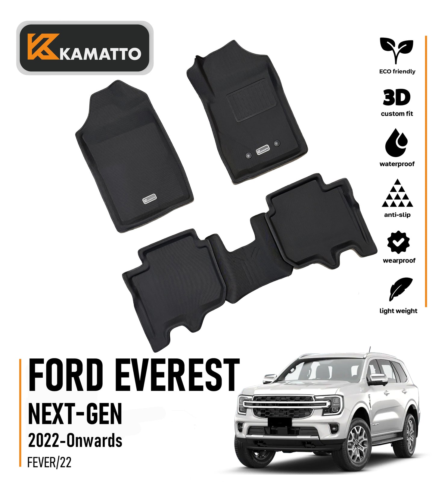 3D Kamatto PRO Car Floor Mats for Ford Everest Next-Gen 2022-Onwards