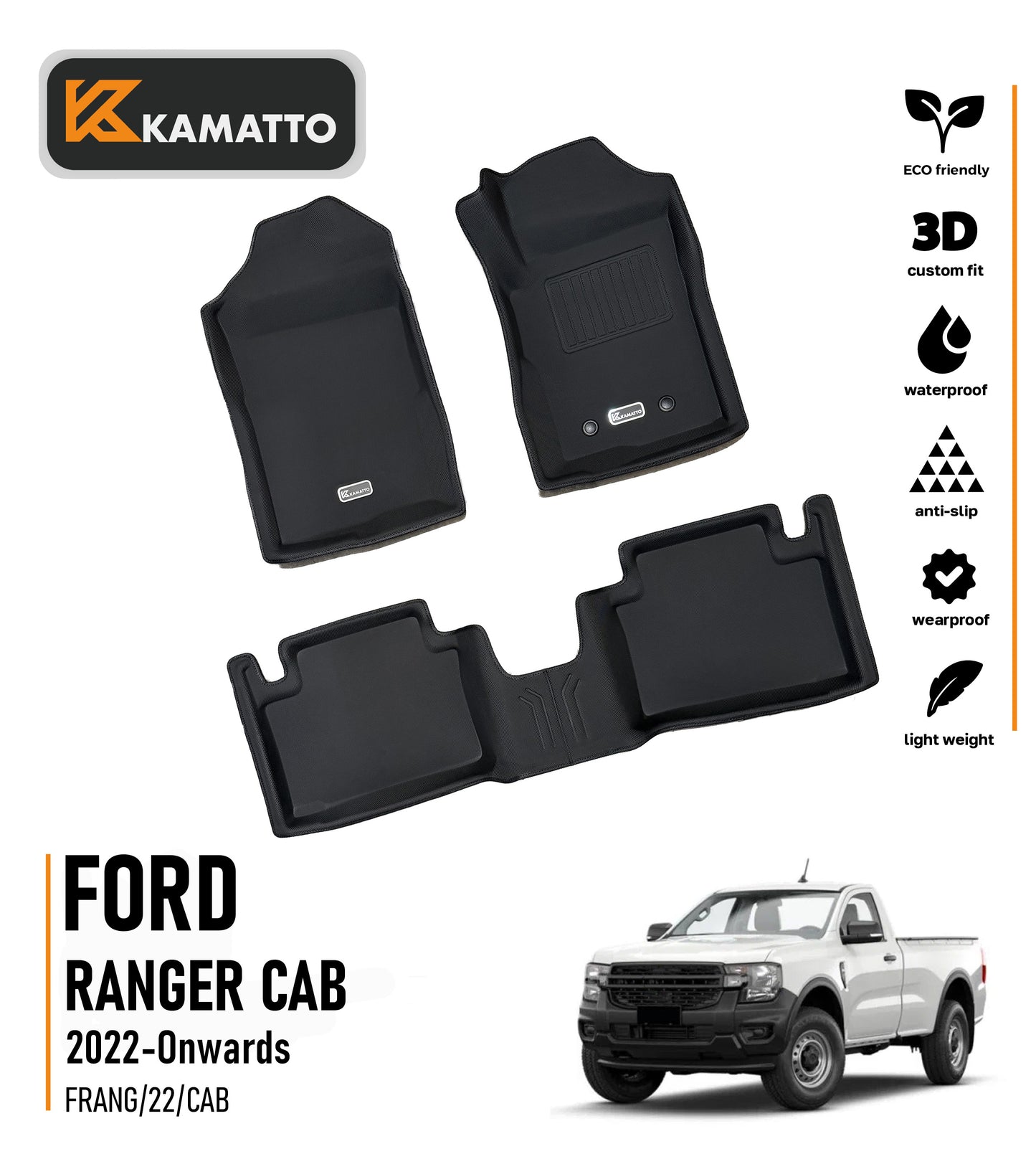3D Kamatto PRO Car Floor Mats for Ford Ranger Cab 2022-Onwards