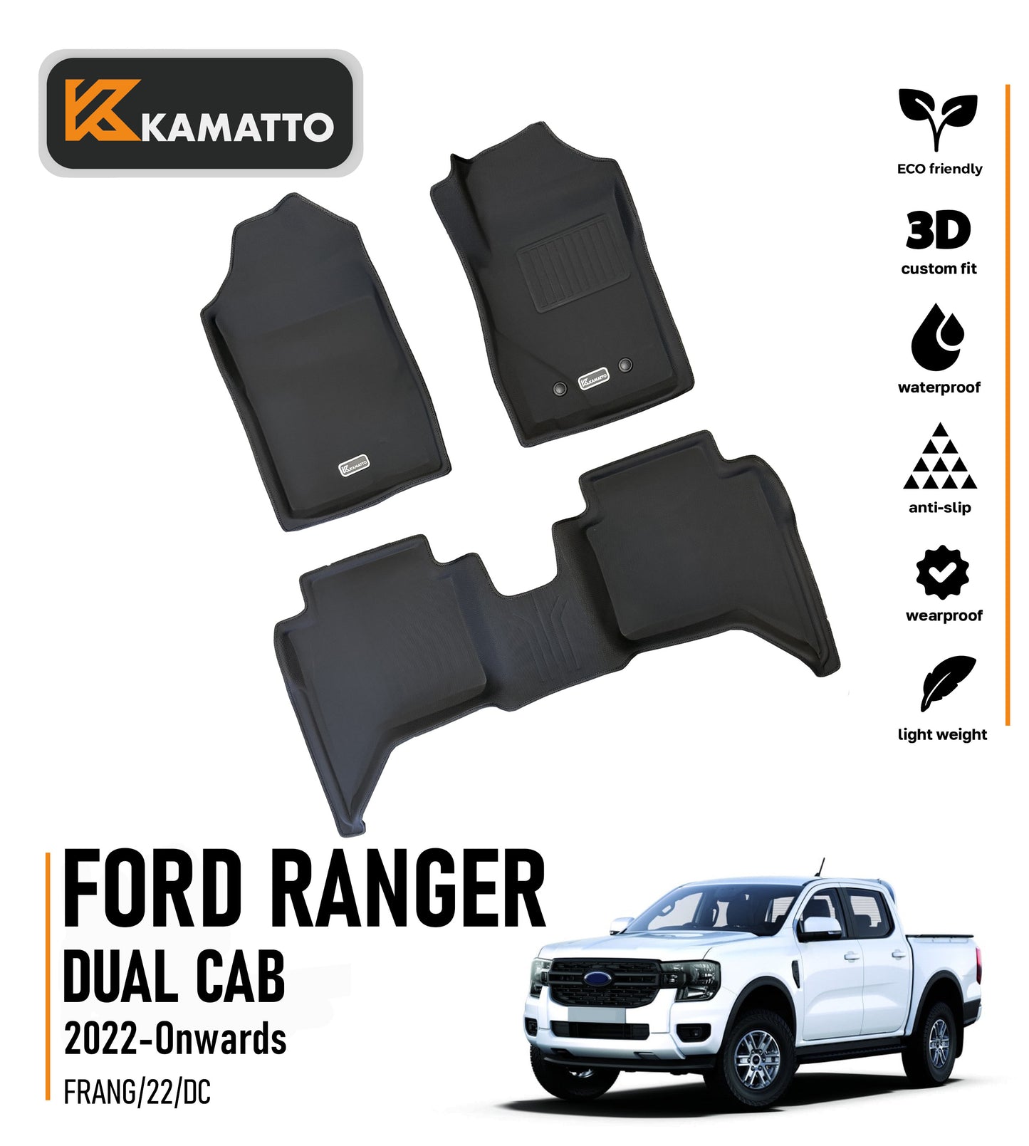 3D Kamatto PRO Car Floor Mats for Ford Ranger Dual Cab 2022-Onwards