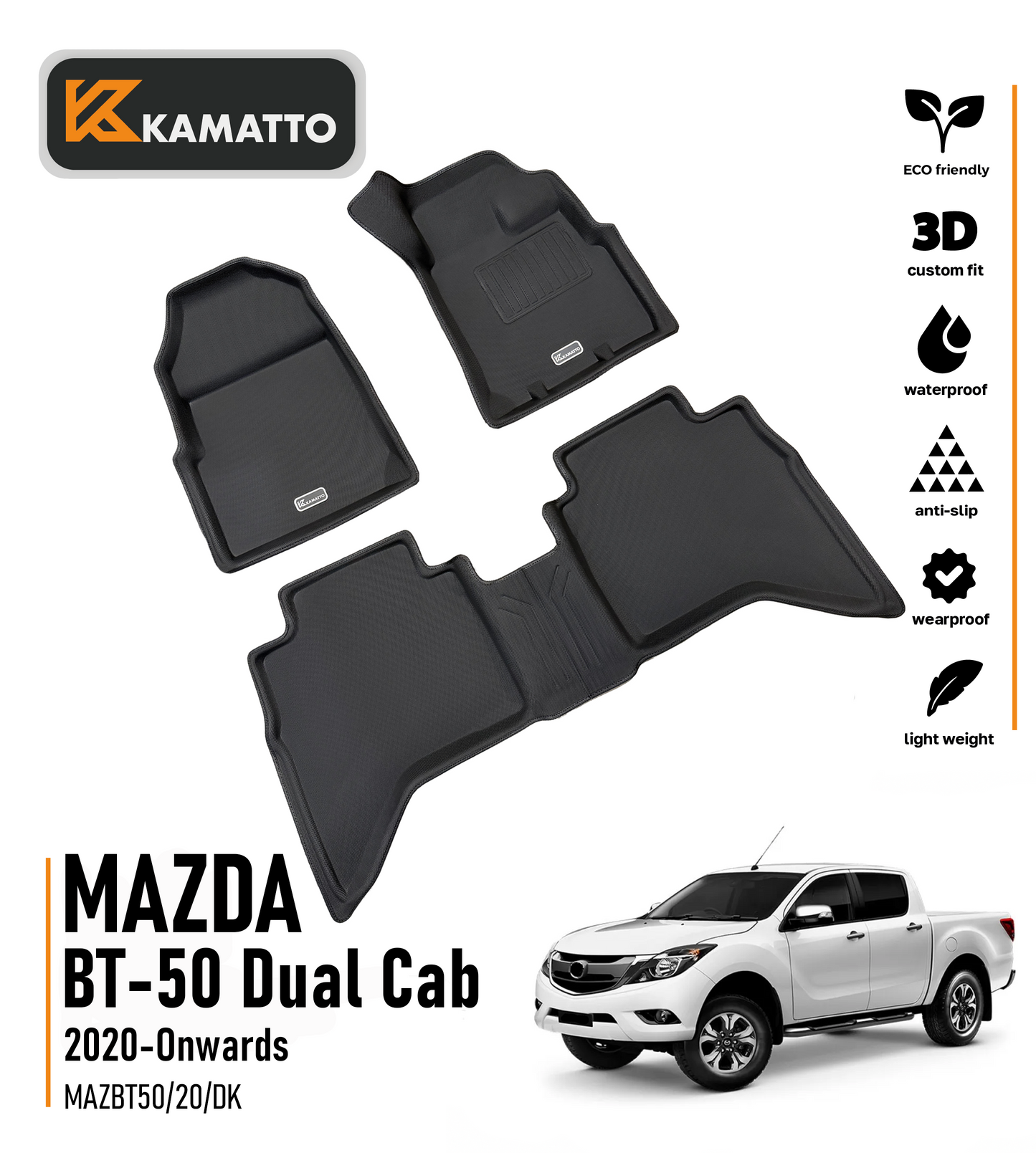 3D Kamatto PRO Car Floor Mats for Mazda BT-50 BT50 Dual Cab 2020-2025