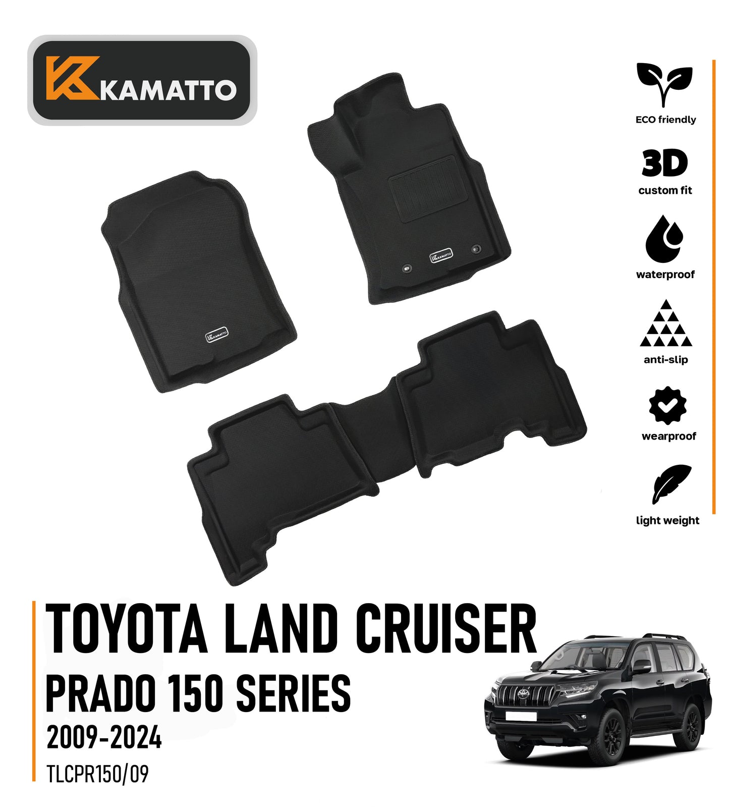 3D Kamatto PRO Car Floor Mats for Toyota Land Cruiser Prado 150 Series 2009-2024