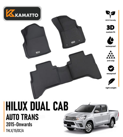 3D Kamatto PRO Car Floor Mats for Toyota Hilux Dual Cab Auto Trans 2015-Onwards