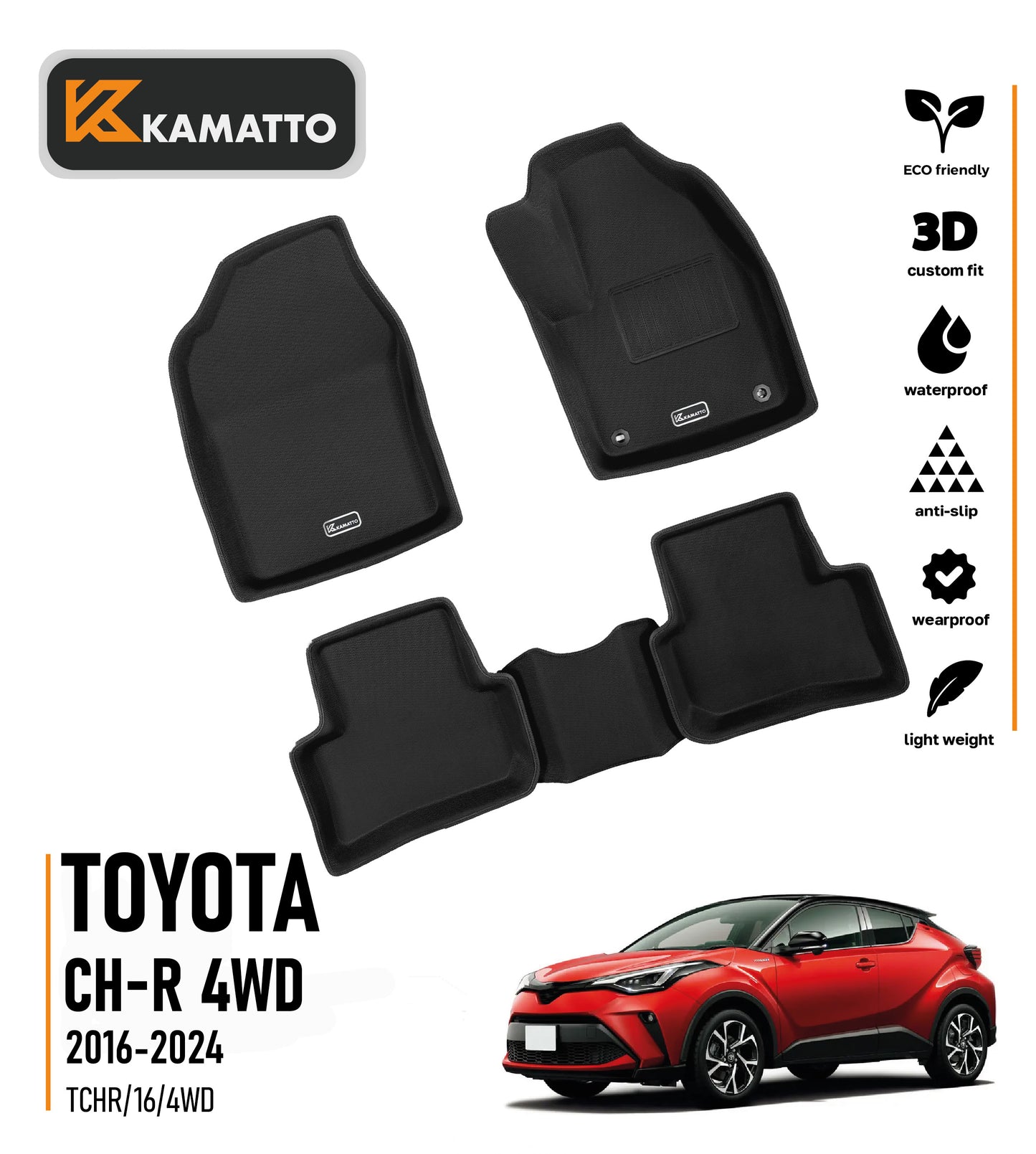 3D Kamatto PRO Car Floor Mats for Toyota CH-R 4WD 2016-2024