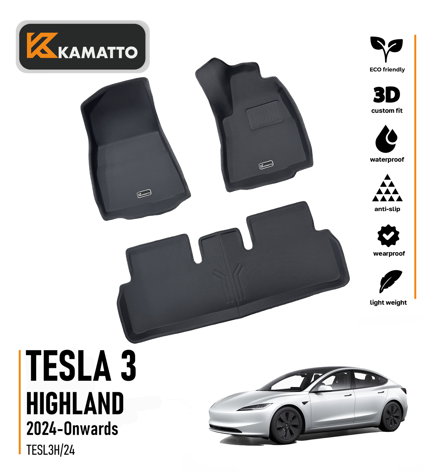 3D Kamatto PRO Car Floor Mats for Tesla 3 Highland 2024-Onwards