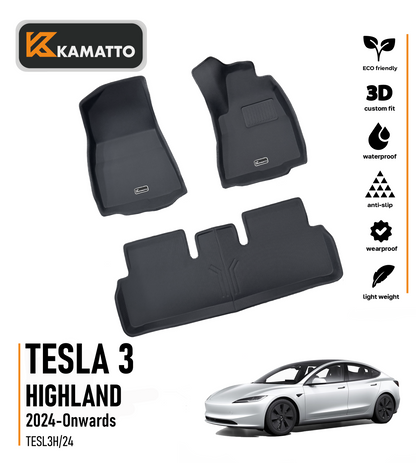 3D Kamatto PRO Car Floor Mats for Tesla 3 Highland 2024-Onwards