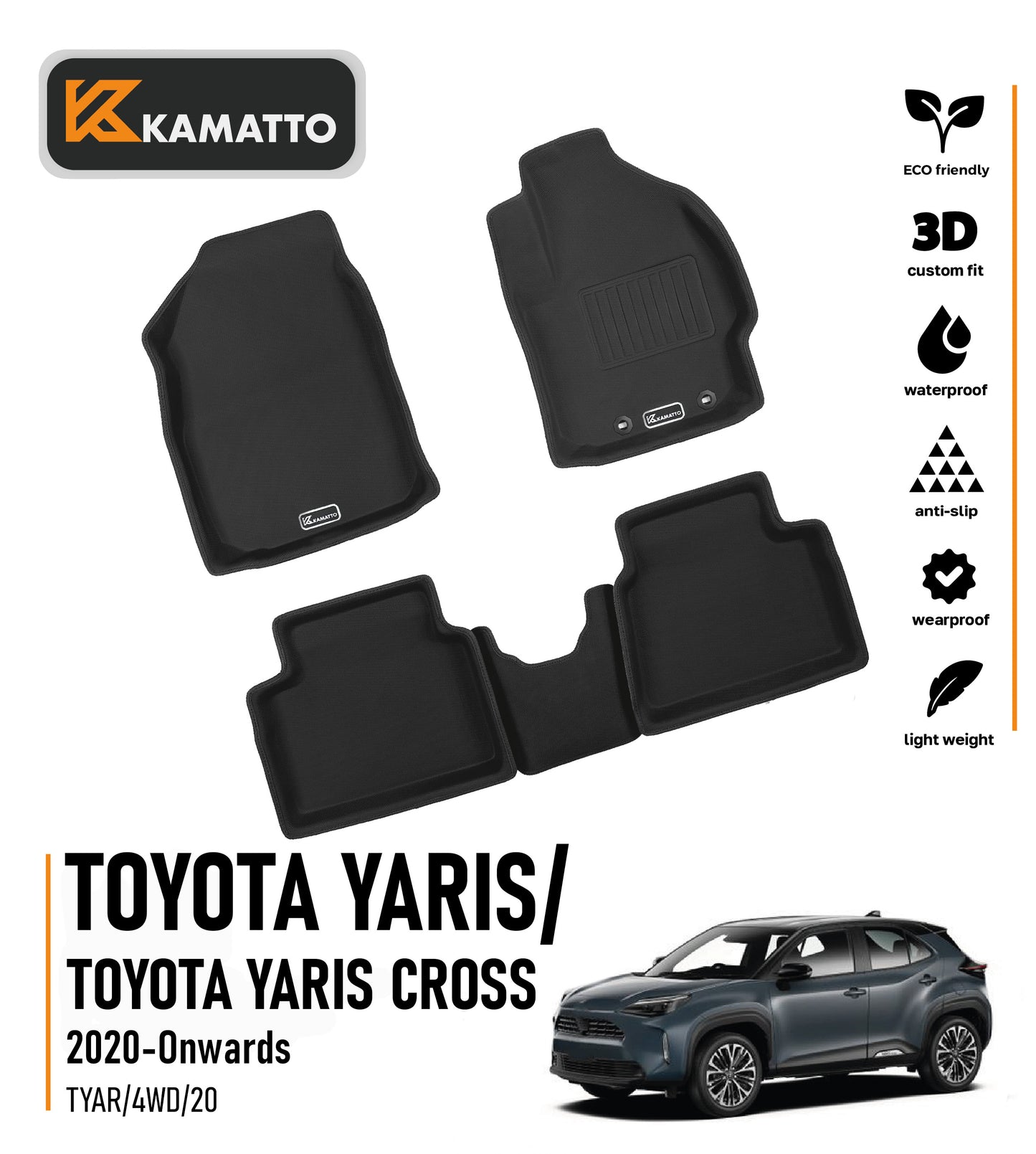 3D Kamatto PRO Car Floor Mats for Toyota Yaris/ Toyota Yaris Cross 4WD 2020-Onwards