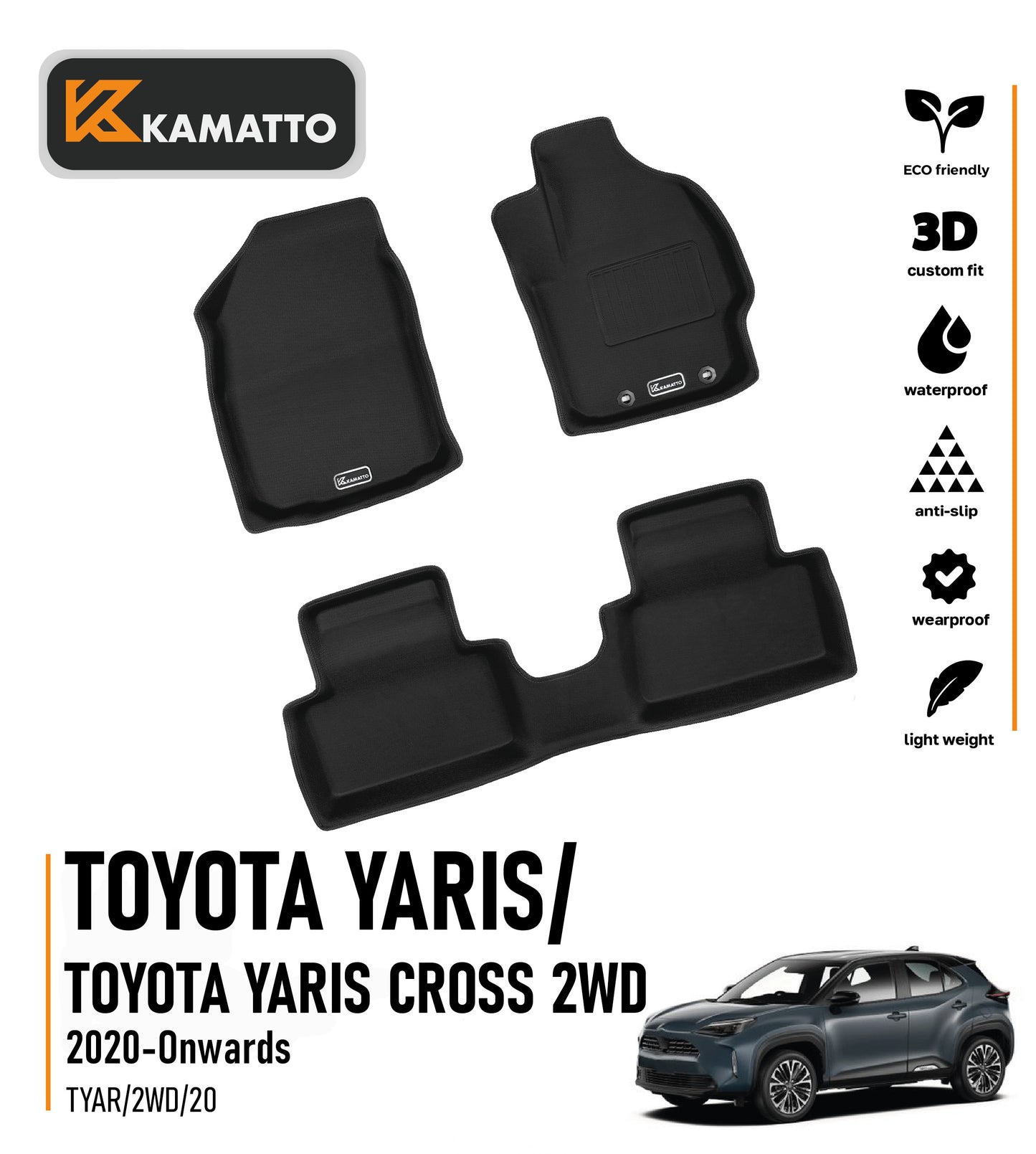 3D Kamatto PRO Car Floor Mats for Toyota Yaris/ Toyota Yaris Cross 2WD 2020-Onwards