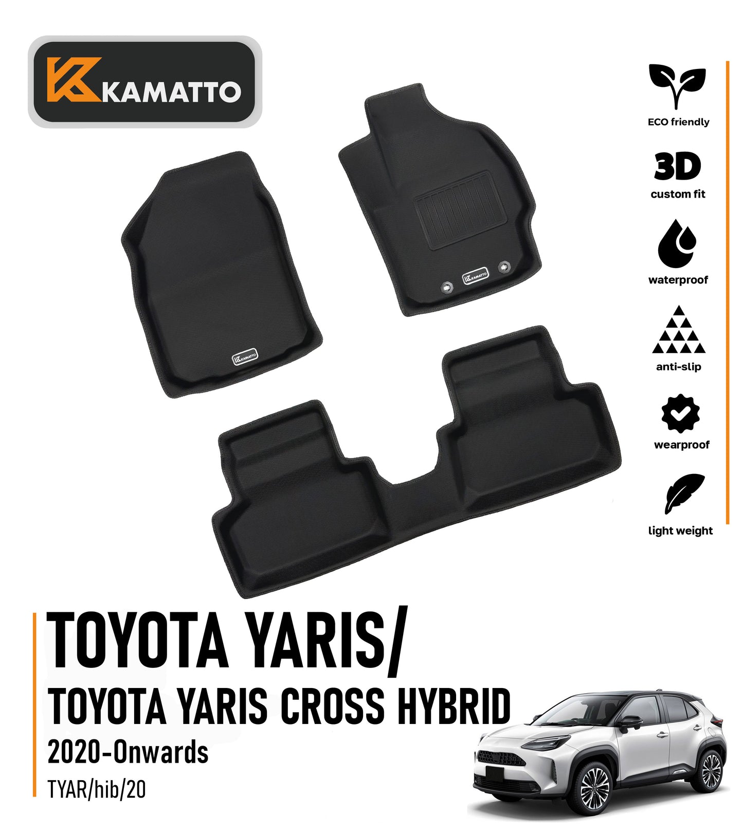3D Kamatto PRO Car Floor Mats for Toyota Yaris/ Toyota Yaris Cross Hybrid 2020-Onwards