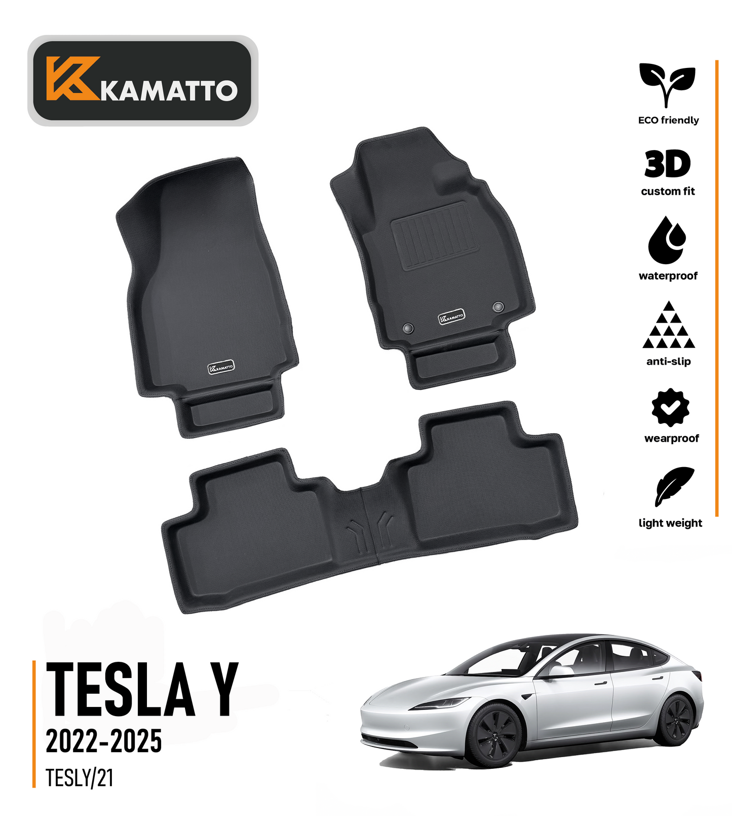3D Kamatto PRO Car Floor Mats for Tesla Y 2022-2025