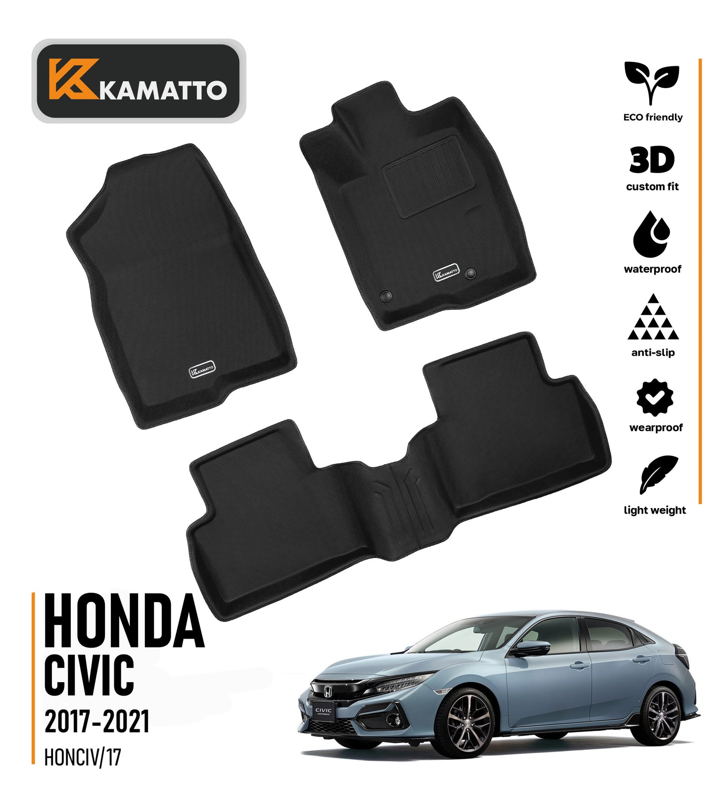 3D Kamatto PRO Car Floor Mats for Honda Civic 2017-2021