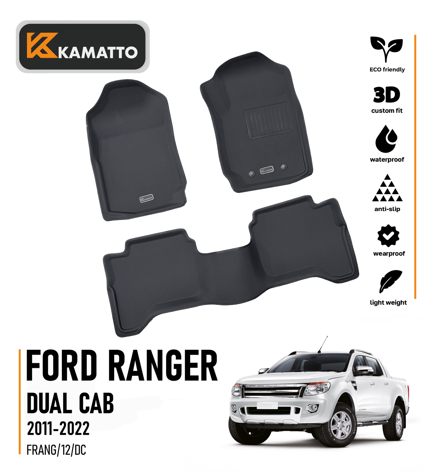3D Kamatto PRO Car Floor Mats for Ford Ranger Dual Cab 2011-2022